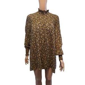 & Other Stories Sz 0 Sheer Smocked Mock Neck Lined Floral Print Mini Dress